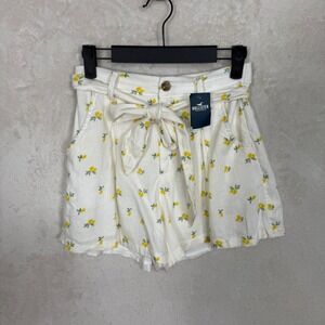 Hollister Ultra High Rise Lemon Print Linen Blend Tie Waist Shorts White XS NWT